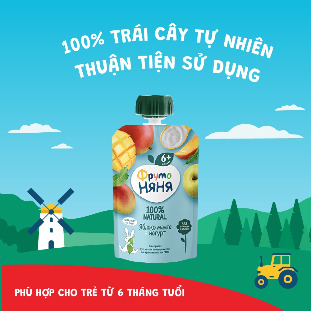 Combo 6 Gói Trái cây nghiền vị táo, xoài cùng sữa chua Fruto Nyanya 90g/gói