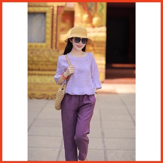 Bộ Đồ Nữ Áo Cổ Tròn Tay Bèo, Quần Ống Suông Chất Liệu Vải Linen Màu Hồng Tím Huế