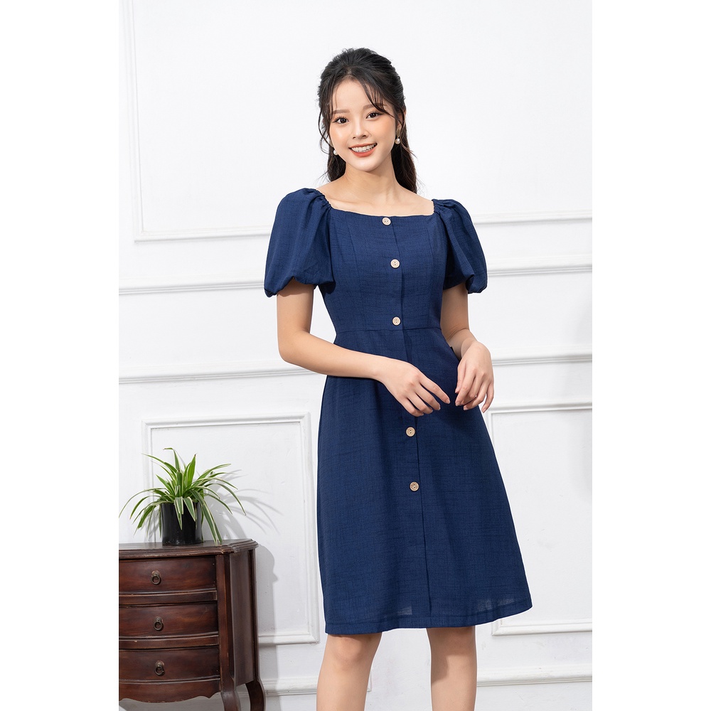 Váy Công Sở Thiết Kế LUPERI Tay Bồng Cổ Vuông Thanh Lịch Chất Liệu Đũi Xước Cao Cấp LFV3271