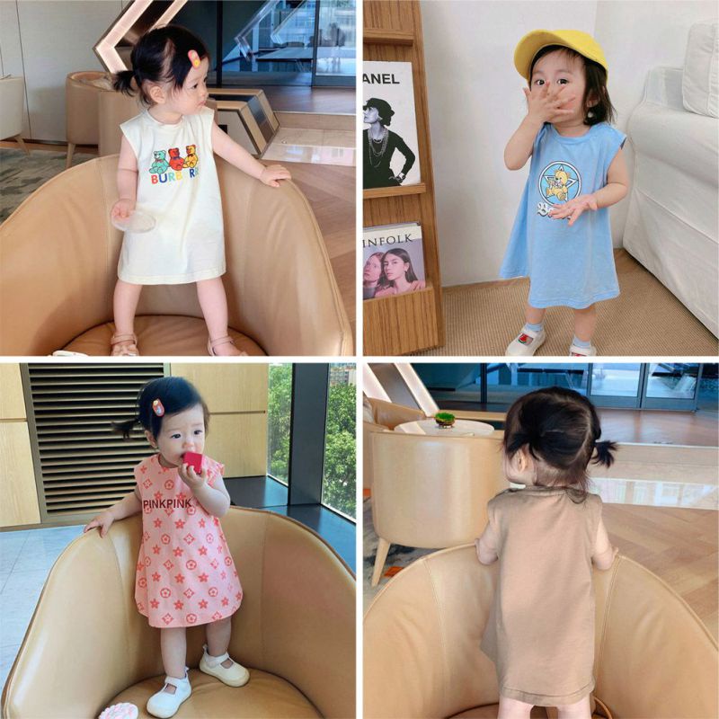 Đầm Không Tay In Họa Tiết Dễ Thương Thoáng Khí Phong Cách Phương Tây Cho Bé Gái