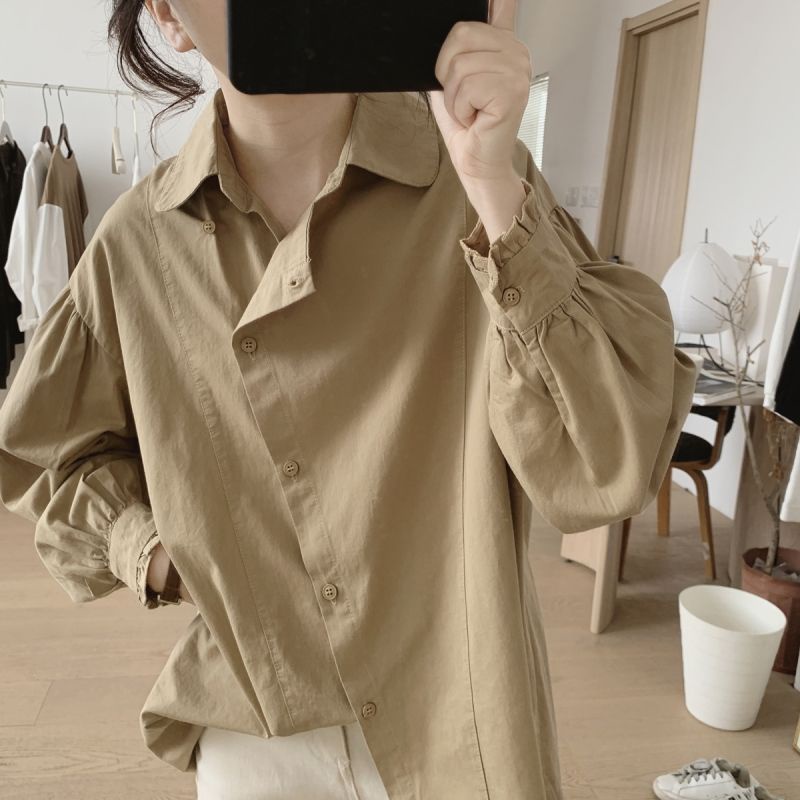 Áo Sơ Mi Cotton Tay Dài Phồng Dáng Rộng Lưng Ngắn Thời Trang Xuân Thu Cho Nữ