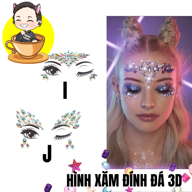 Hình xăm đính đá pha lê 3D, trang trí mặt, lấp lánh tham gia đi lễ hội, rave, music festival biển
