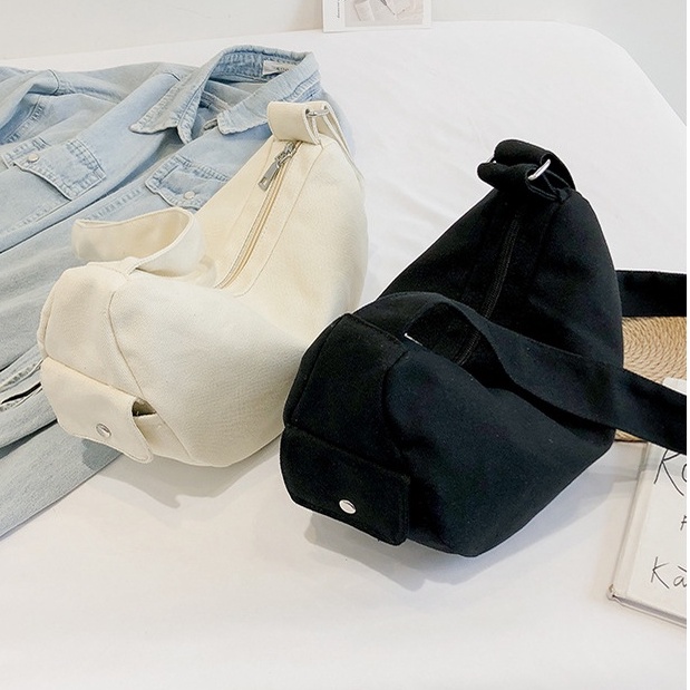 Túi vải Tote đeo chéo bán nguyệt vải canvas phong cách unisex đựng sách vở đi học đi chơi