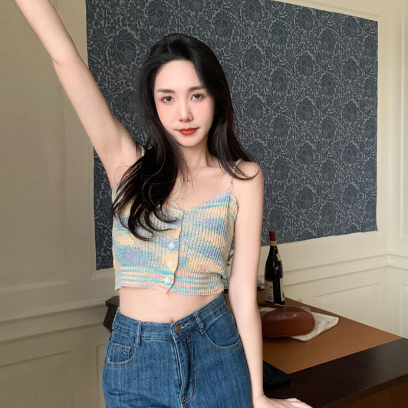 XIAO ZHAI NV QADCOL Áo Hai Dây Cổ Chữ v Màu Sắc retro Phong Cách Pháp Thời Trang Mùa Hè Cho Nữ