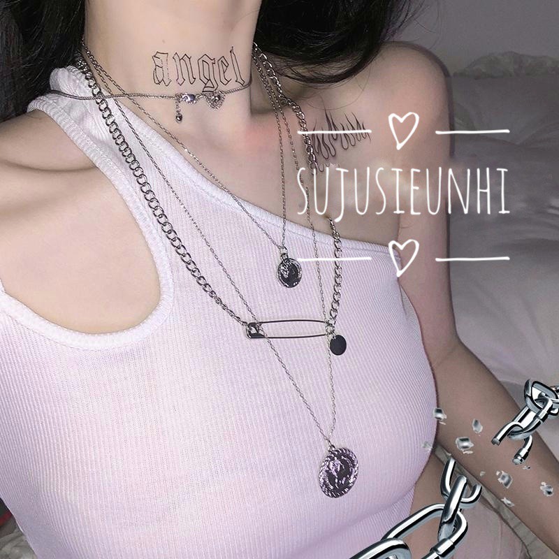 Set 3 vòng cổ unisex hình chiếc ghim băng và đồng xu