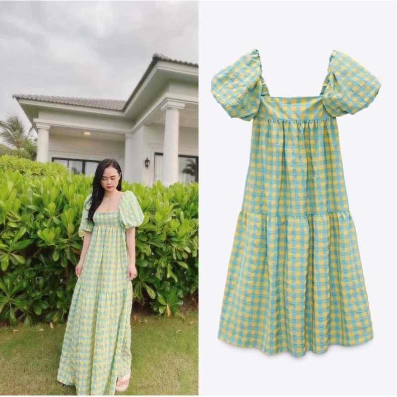 ĐẦM CARO XANH VÀNG DÁNG DÀI ZR XUẤT XỊN