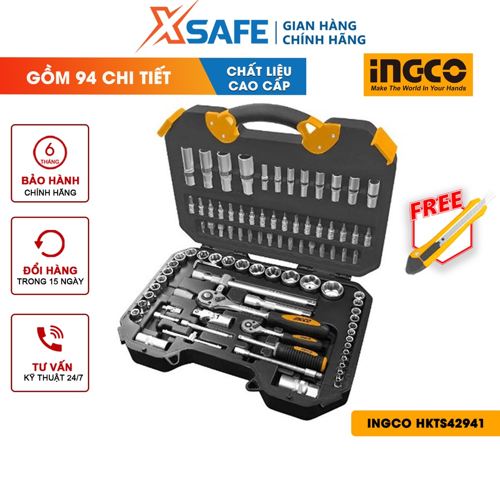 Bộ đồ nghề đa năng 94 chi tiết INGCO HKTS42941 thép cao cấp chắc chắn Đầu tuýp chịu nhiệt, chịu lực tác động, chắc chắn