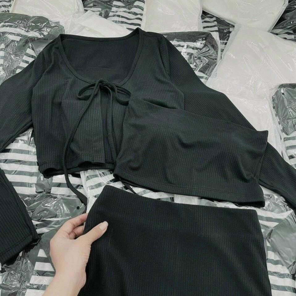 Set Bộ 3 Món Ôm Body Croptop Kèm Áo Khoác Tay Dài Thiết Kế Mới Phong Cách Sang Chảnh Thời Trang Nữ Xm Minh Phúc