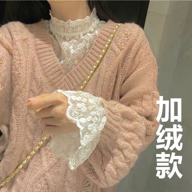 Áo Ren Dài Tay Tiểu Thư Cổ Cao Tay Bèo Mặc Phối Áo Len Áo Sơ Mi