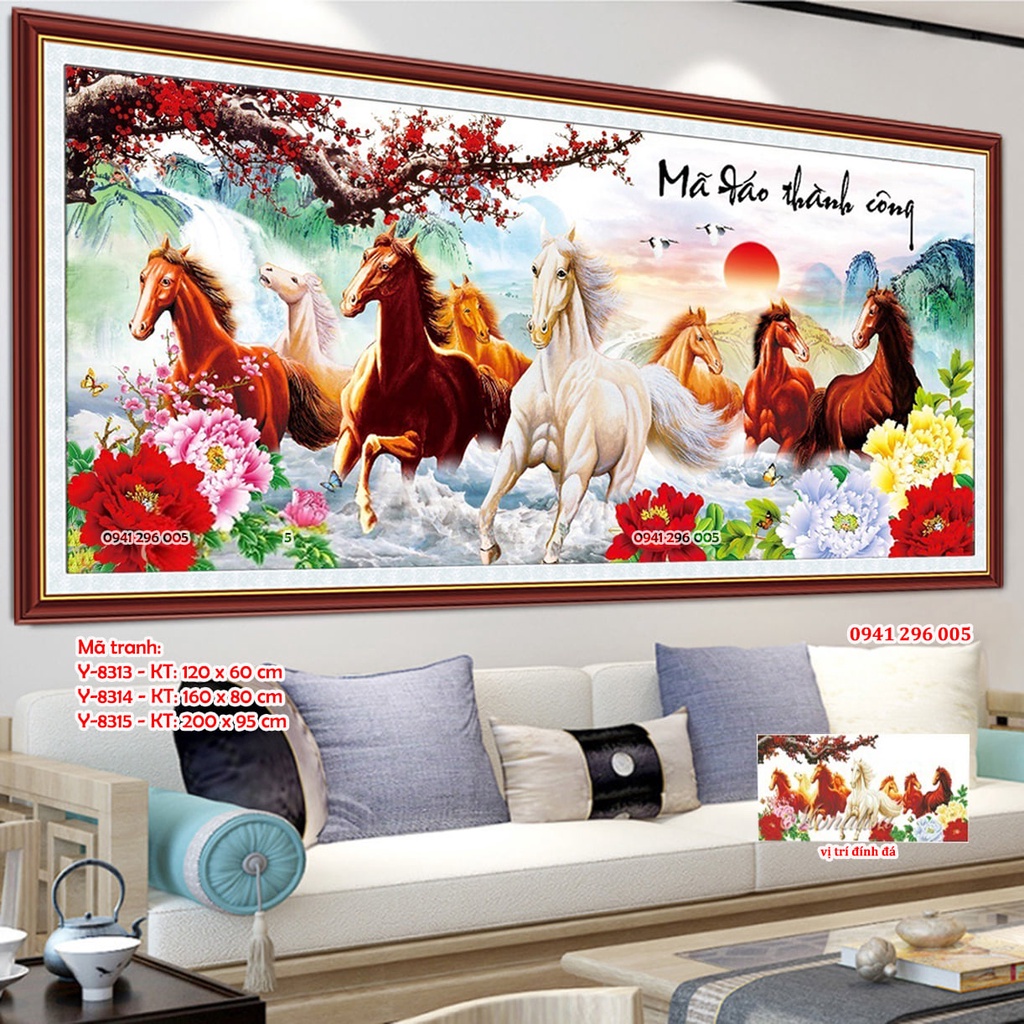 Tranh đính đá Mã Đáo Thành Công KT 100*50cm-130*64cm-180*85cm ( tranh chưa đính đá, chưa khung)