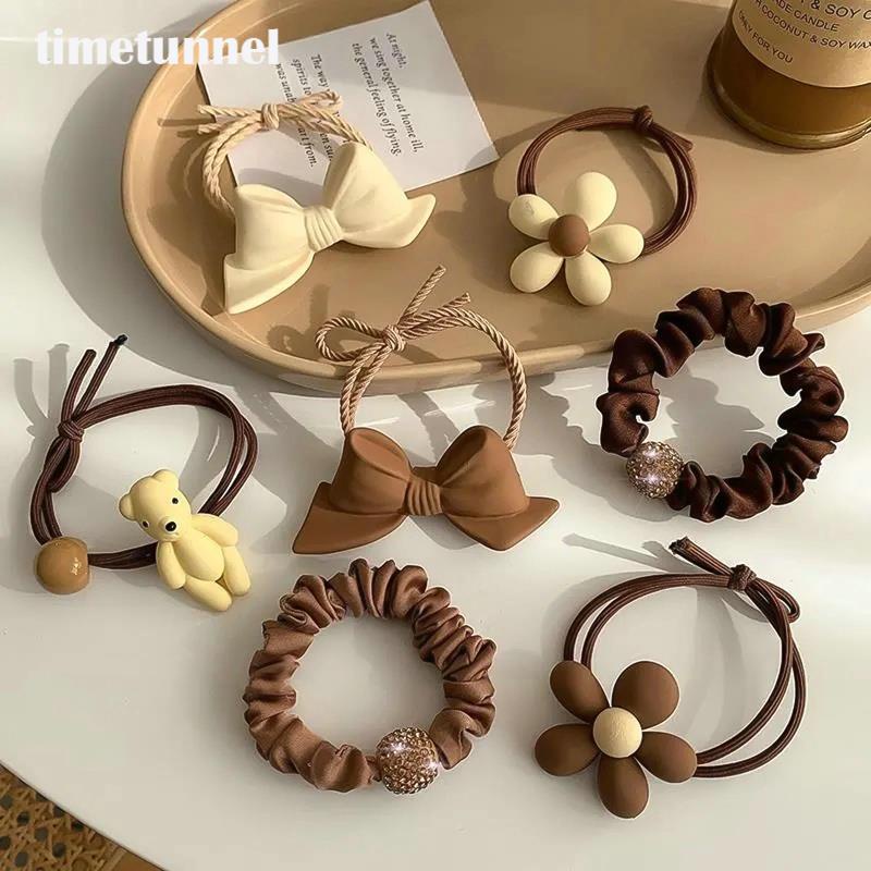 Dây Cột Tóc Co Giãn Màu Caramel Đính Nơ Hoa / Gấu Dễ Thương Cho Nữ