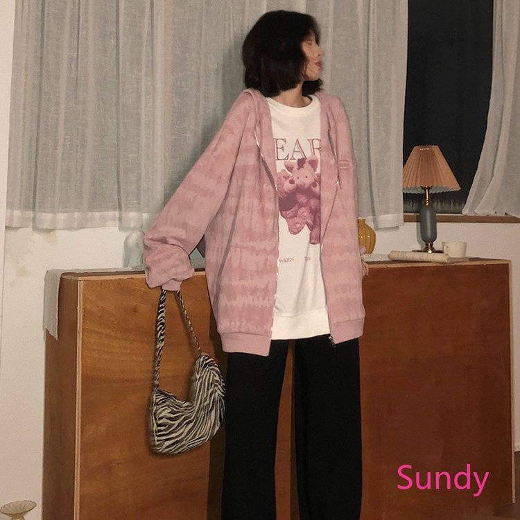 Áo Hoodie Tay Dài Nhuộm Màu Nhuộm Dáng Rộng Thời Trang Mùa Thu Cho Nữ