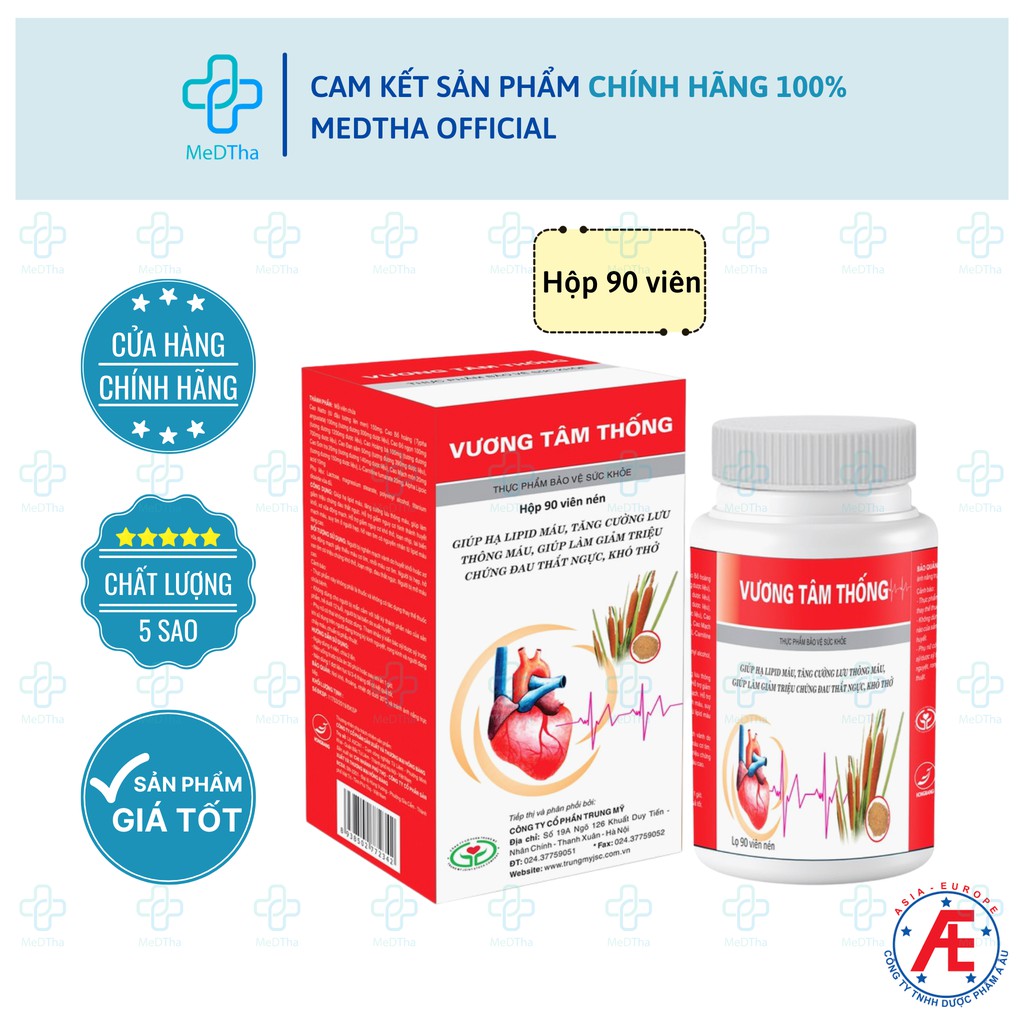 Vương Tâm Thống - Hỗ trợ điều trị Bệnh Mạch Vành, Đau Thắt Ngực, Xơ Vữa Động Mạch (Hộp 90, 180 viên) [Chính hãng]