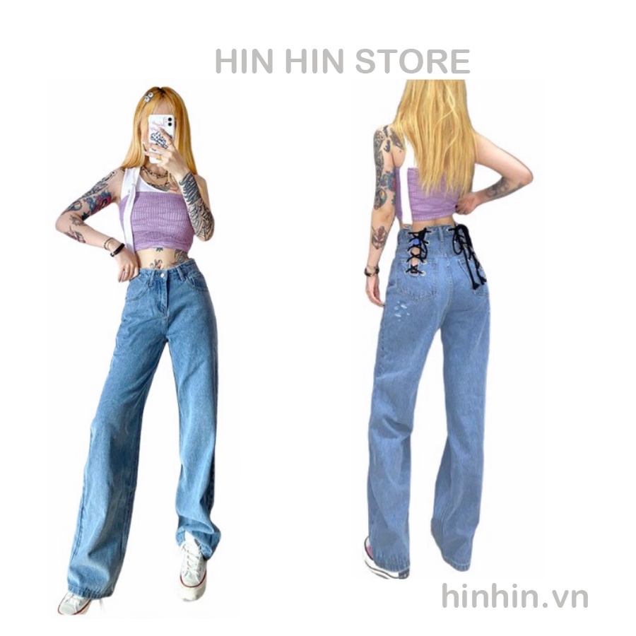 Quần jean đan dây eo lưng cao form rộng tôn dáng HQD47 - Hỉn Hỉn Store