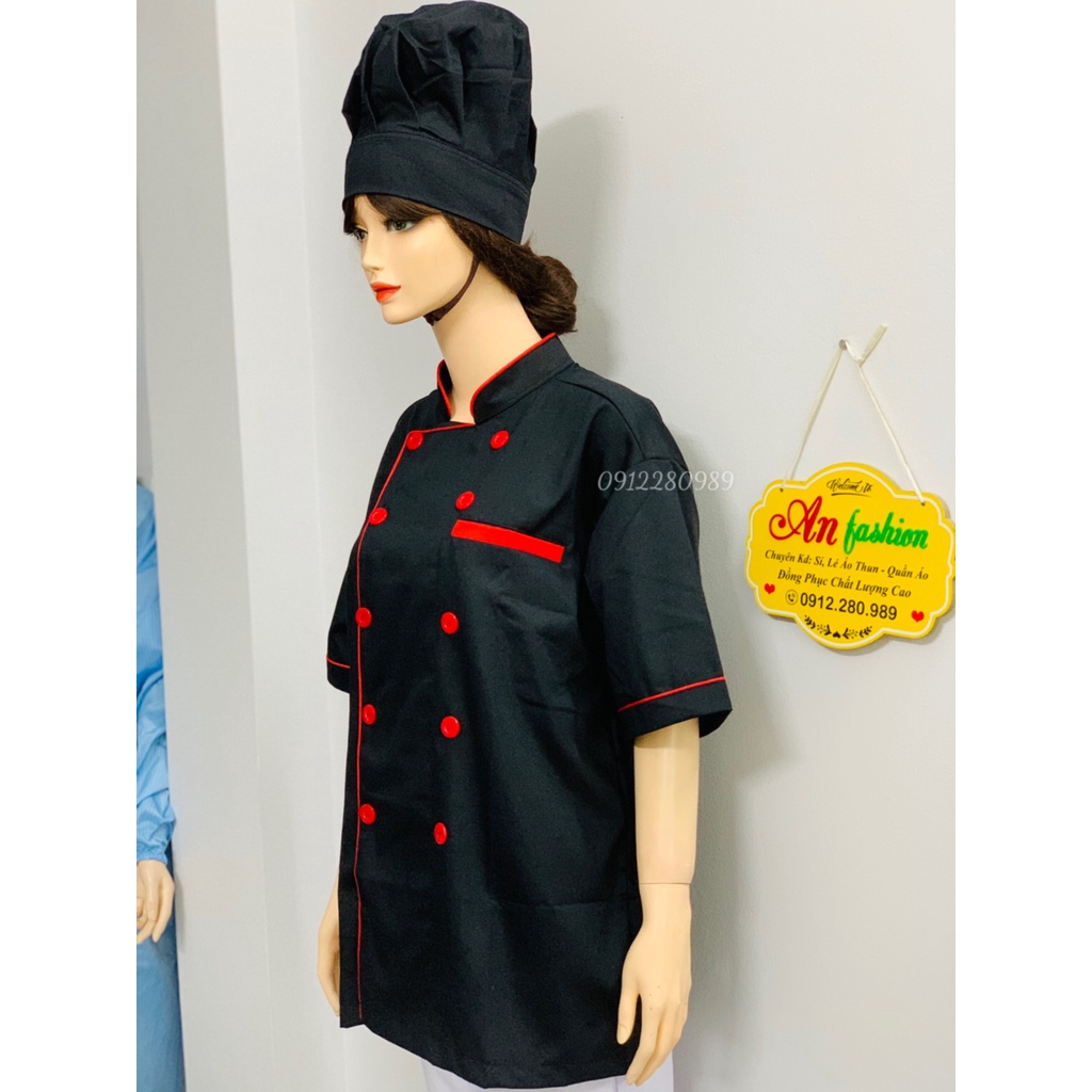 Áo đầu bếp nam nữ cao cấp dày dặn màu đen tay ngắn _ Hình chụp thật