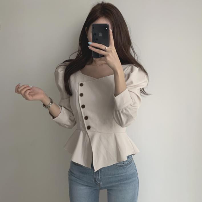 Áo kiểu nữ Dài tay Vạt chéo Tay bồng Retro Ulzzang Hàn Quốc Áo Kiểu nữ Tay dài Thời trang Kiểu Pháp