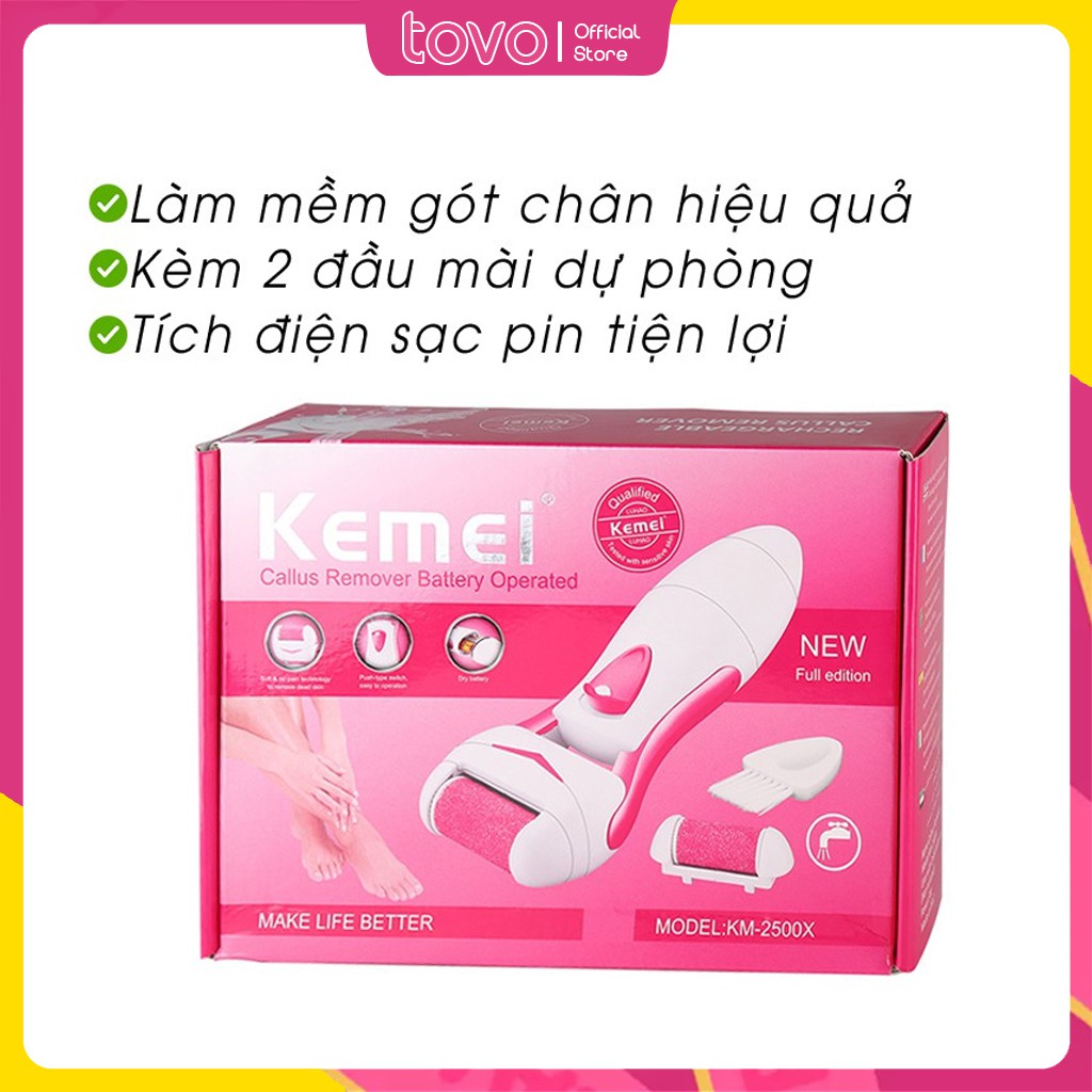 Máy mài gót chân Kemei KM-2502X tẩy tế bào chết sạc pin tích điện kèm 2 đầu mài dự phòng tiện lợi