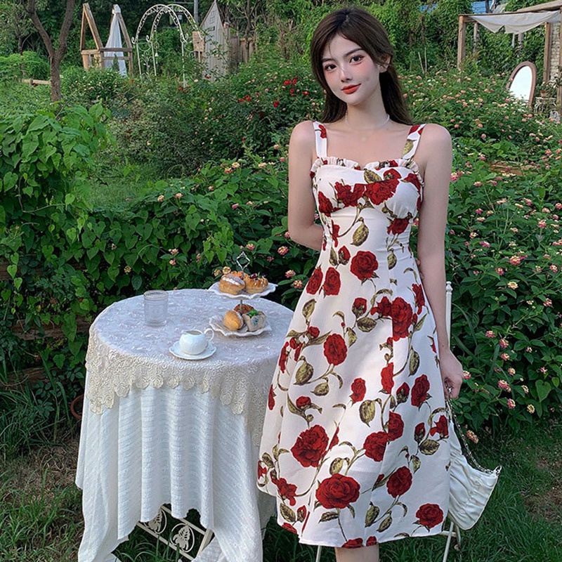 Đầm Lửng Hai Dây Họa Tiết Hoa Thời Trang Mùa Hè Hàn Quốc Cổ Điển Dành Cho Nữ