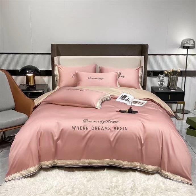 Trọn Bộ Chăn Ga Vỏ Gối Lụa Cotton Where Dreams Begin - Họa Tiết Viền Phối Hai Màu