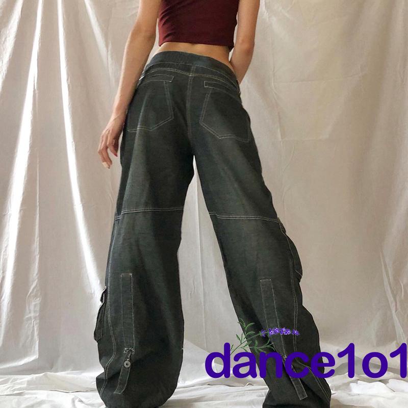Quần jeans ống rộng lưng vừa in họa tiết phong cách cổ điển cho nữ