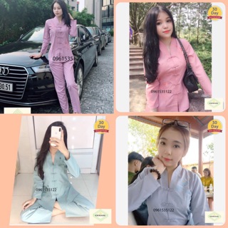 Bộ đi chùa bà lai cổ tim thuê sen vải kate mịn