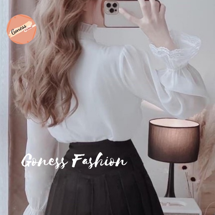 Áo sơ mi nữ Goness dài tay hai lớp phối ren công sở cao cấp kiểu cổ bèo đẹp nhiều màu sang trọng A12