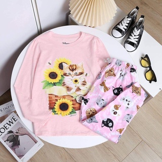 Set đồ bộ dài bé gái dn - hồng mèo