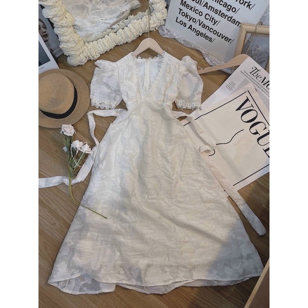 Đầm Midi phối ren tay phồng