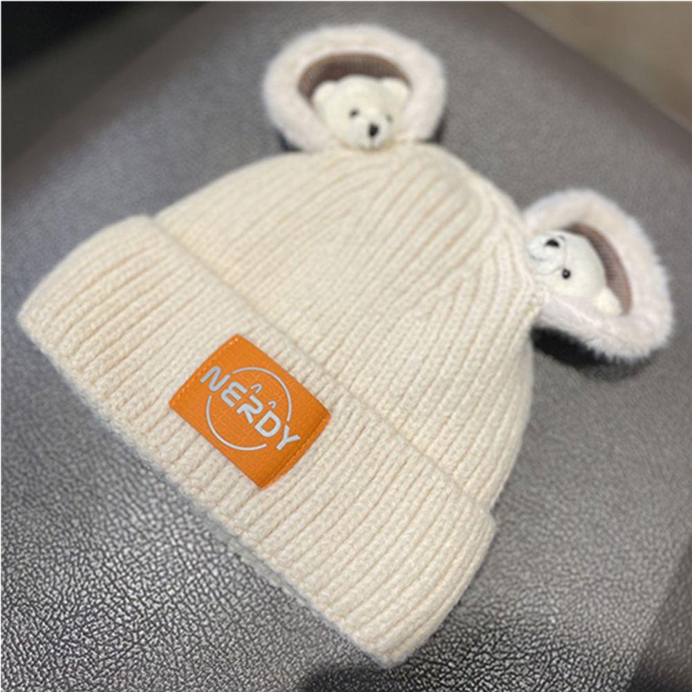 Mũ Beanie Màu Trơn Đính Bóng Lông Hình Tai Gấu Hoạt Hình Co Giãn Giữ Ấm Mùa Đông
