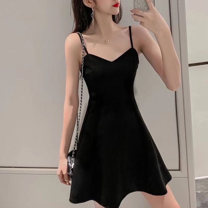 Đầm Ngắn Hai Dây Dáng Chữ a Màu Đen Thời Trang Mùa Hè Phong Cách Mới Cho Nữ