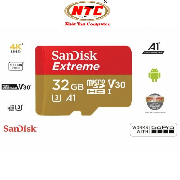 Thẻ nhớ microSDHC Sandisk Extreme 32GB 667X A1 V30 UHS-I U3 100MB/s (Vàng) - KHÔNG BOX