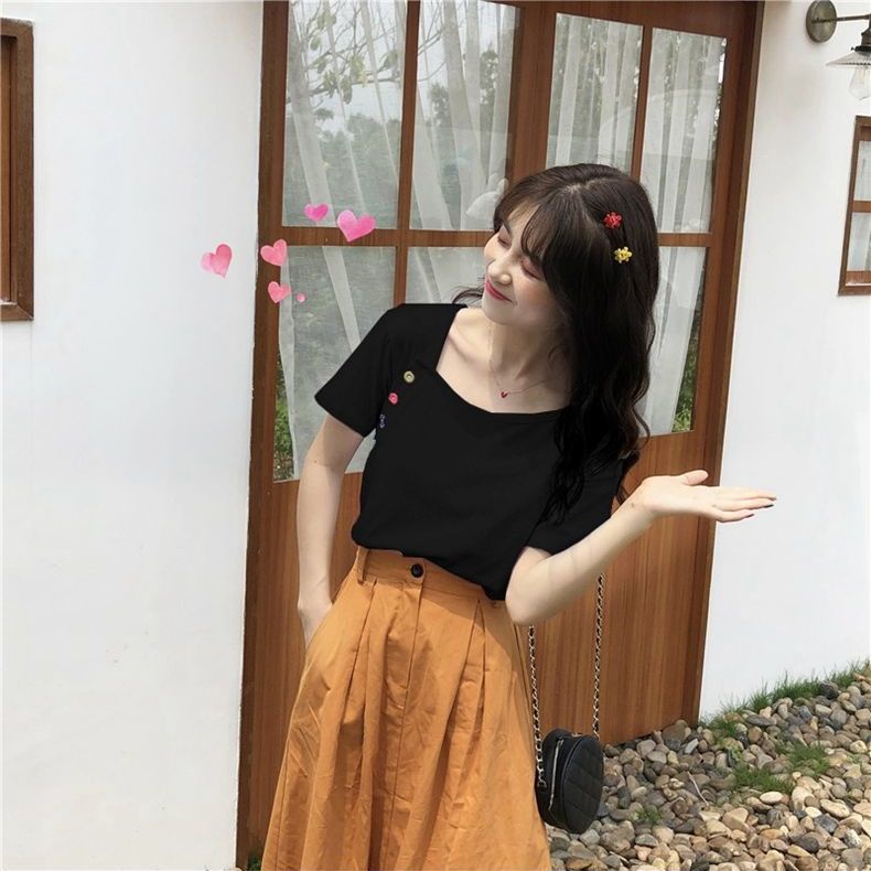 Áo Thun Tay Ngắn Cổ Thấp Phong Cách Mới Ngọt Ngào Cho Nữ