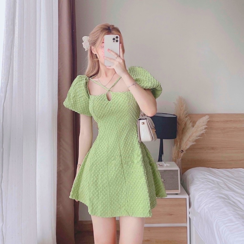 Đầm cổ vuông dạo phố dự tiệc tay phồng gấm ô vuông 2 lớp