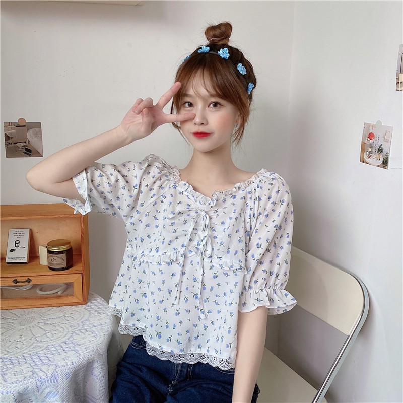 áo croptop nữ kiểu, Áo babydoll nữ croptop màu trắng cổ v hoa nhí tay phồng 2021