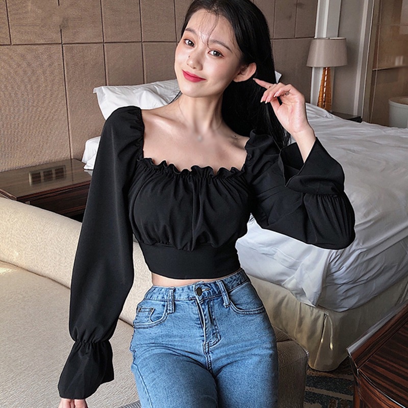 Áo Croptop Áo Sơ Mi Áo Trễ Vai Tay Phồng Lưng Đan Dây Chéo Màu Trơn Gợi Cảm Thời Trang Hàn Quốc Cho Nữ