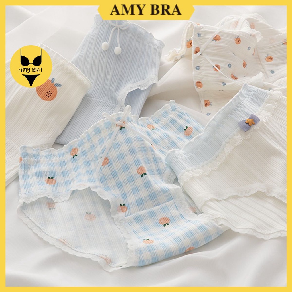 Quần Lót Nữ Đáy May - Quần Lót Cotton Họa Tiết Dễ Thương, Viền Ren Nữ Tính AMYBRA L135