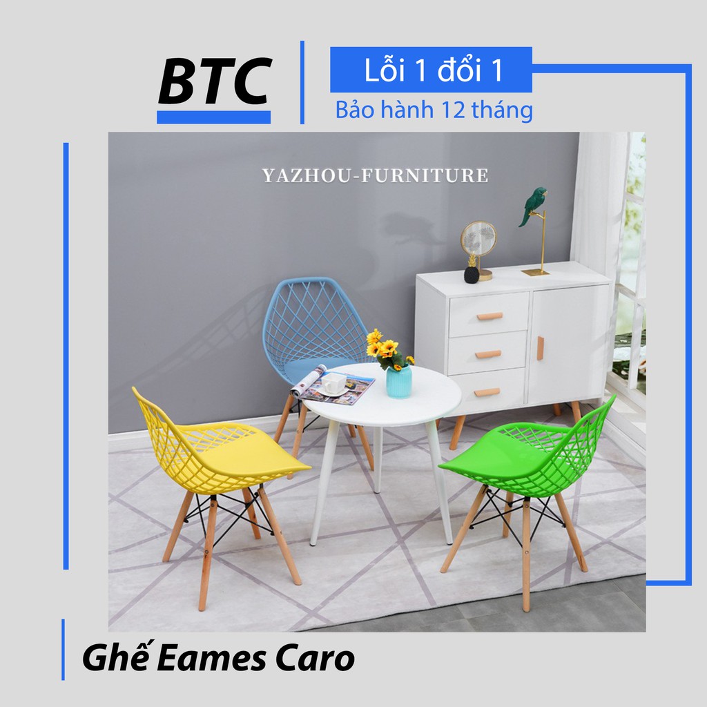 Ghế Eames Caro Chân Gỗ Cao Cấp Kiểu Dáng Sang Trọng - Ghế Cafe, Uống Trà Chân Gỗ Đan Thép, Lưng Dạng Lưới Caro Nhiều Màu