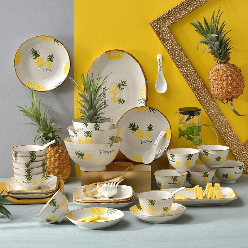 Trọn Bộ Bát Đĩa Hình Quả Dứa Chén Dĩa Dễ Thương Bát Ăn Cơm Đĩa Tô Sứ Decor Cute Đẹp Cao Cấp Hàng Có Sẵn