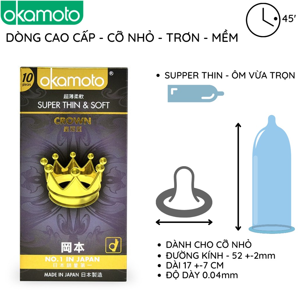 Bao Cao Su Okamoto Crown 10 cái/Hộp cỡ nhỏ Siêu mỏng mềm mại kéo dài thời gian chống tuột