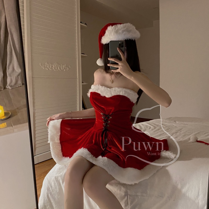 Váy Giáng Sinh đỏ cúp ngực có dây rút sexy quyến rũ Puwn Shop