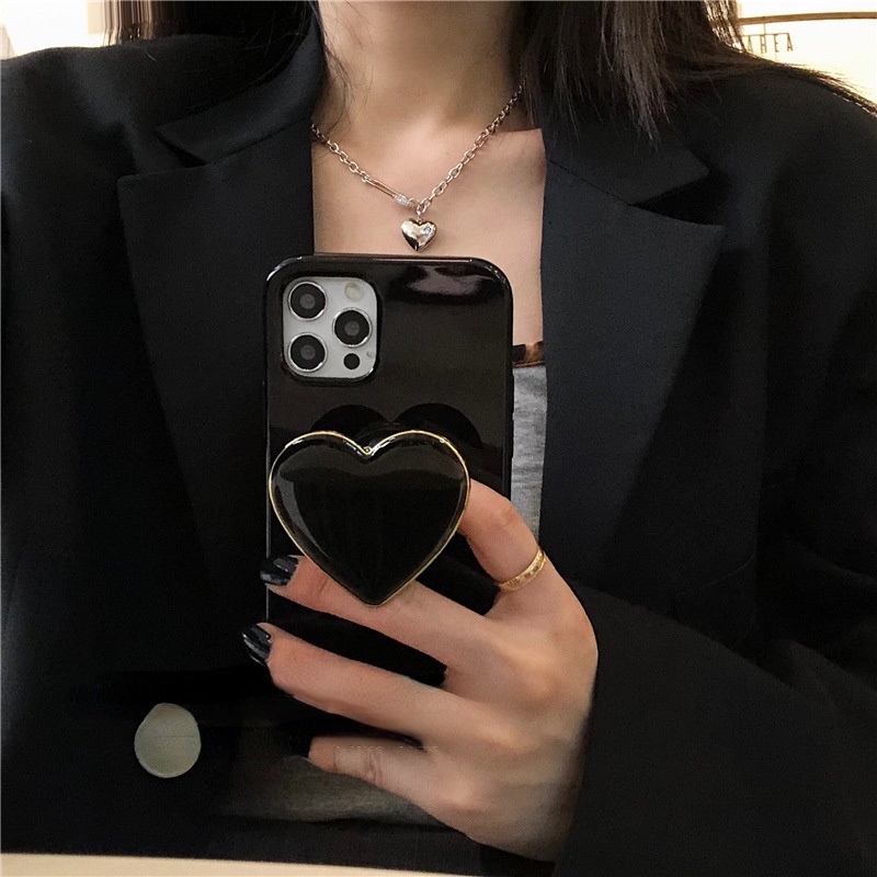 Ốp Điện Thoại Dẻo Nền Đen Họa Tiết Trái Tim Phnom Penh Kèm Giá Đỡ Cho iPhone12 / 13 / 8p xsmax 11