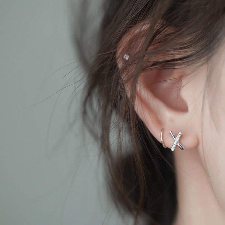 Khuyên tai bạc nữ chữ x xoắn, bông tai bán lẻ chiếc