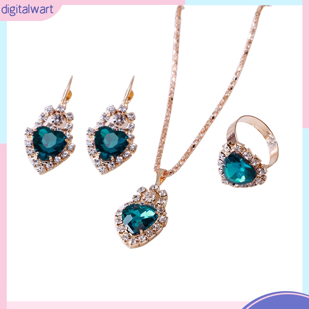 Bộ Vòng cổ + Bông Tai + Nhẫn Hình Trái Tim Đính Đá Lấp Lánh