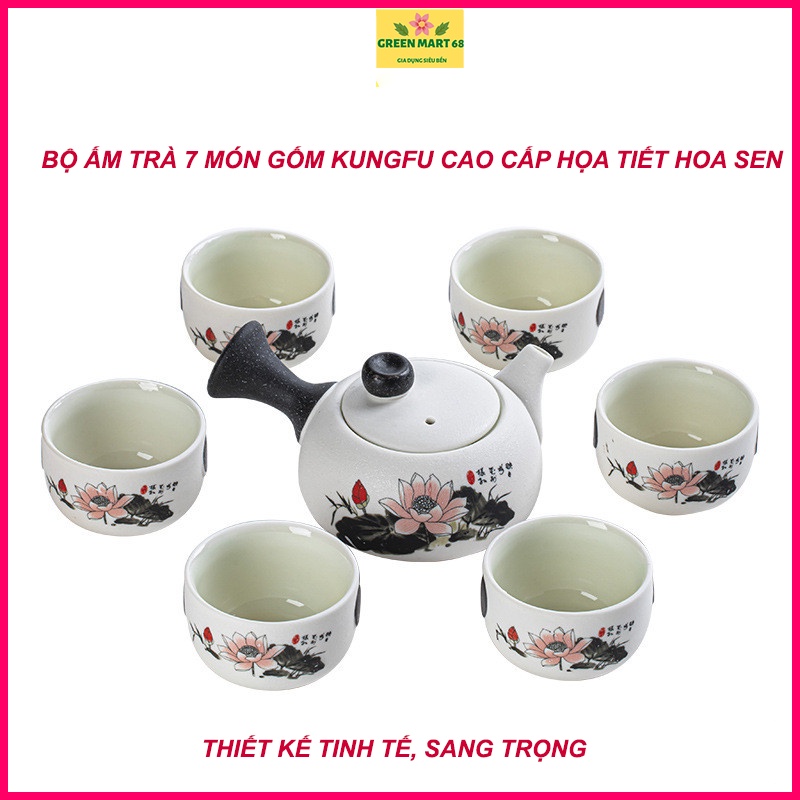 BỘ BÌNH TRÀ 7 MÓN CAO CẤP HỌA TIẾT HOA SEN - BỘ BÌNH TRÀ MEN TUYẾT SANG TRỌNG