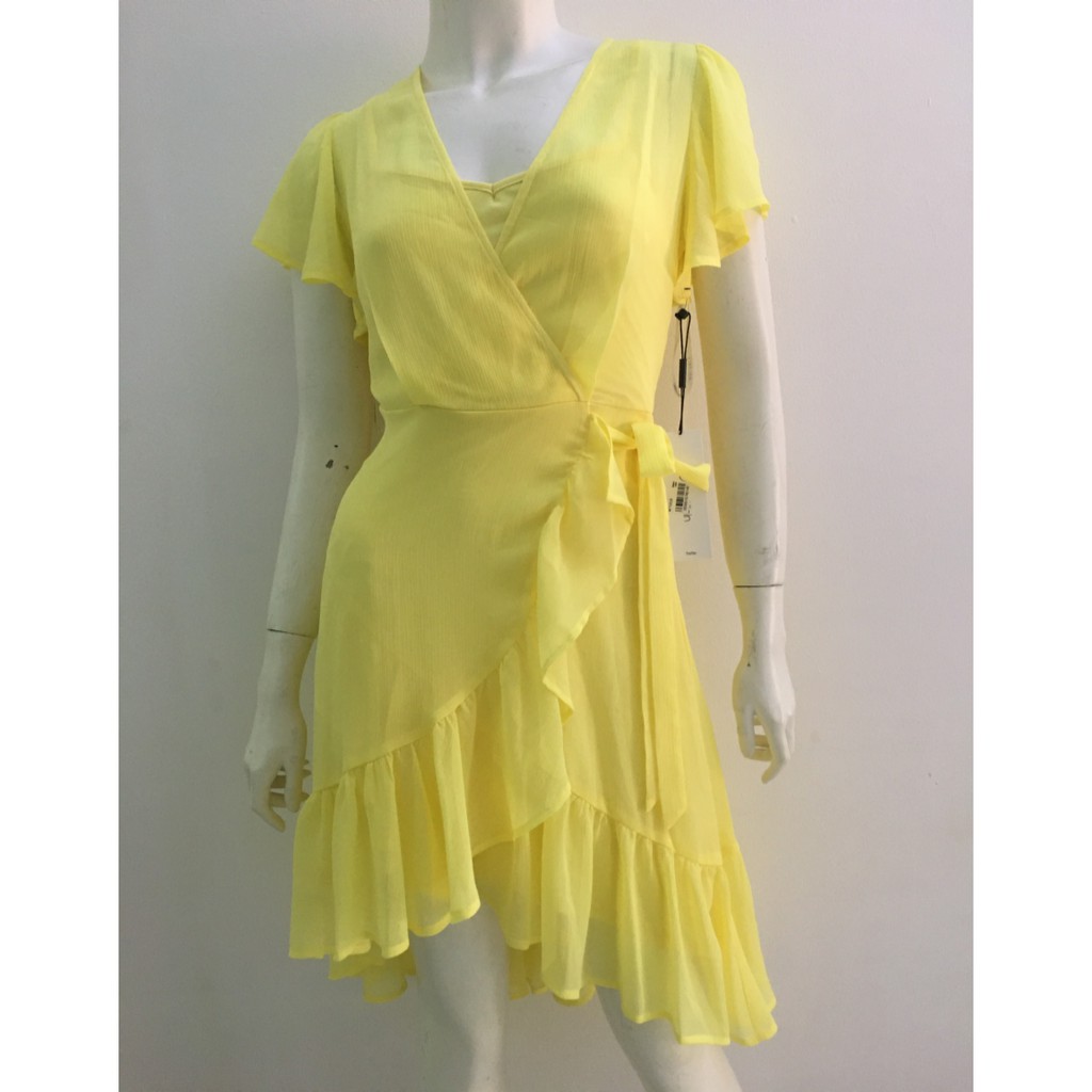 Đầm nữ công sở dự tiệc dạo phố vải voan cao cấp cổ tim màu vàng hiệu Calvin Klein size 0 hàng xách tay mỹ