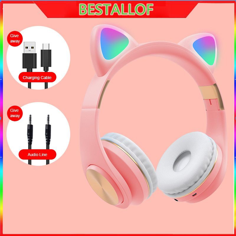 Tai Nghe Headphone Tai Mèo - Xinh Xắn - Có Đèn Led Siêu Cute Tai Nghe Mèo Bluetooth, Headphone Tai Mèo Dễ Thương Có Mic,Âm Bass Mạnh Mẽ Và Dung Lượng Pin Khủng 400mAh BH 12 Tháng BEST