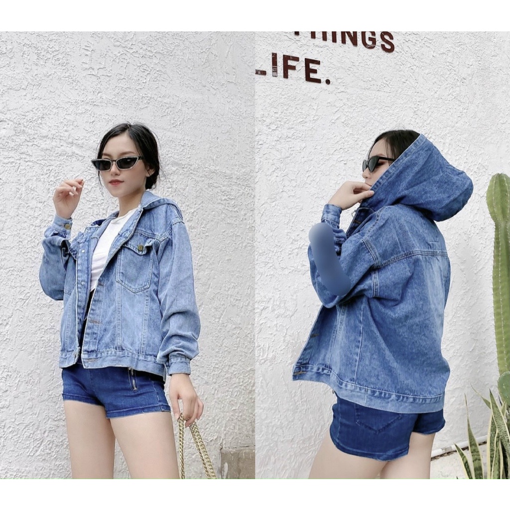 Áo khoác jean nữ có mũ FREE SIZE in chữ cực cá tính, hàng mới về trend 2022, True Store, AKJN21