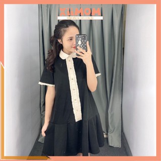 Váy bầu công sở - đầm bầu mùa hè thiết kế cộc tay màu đen cổ sen đuôi cá HĐ23 -Xiimom