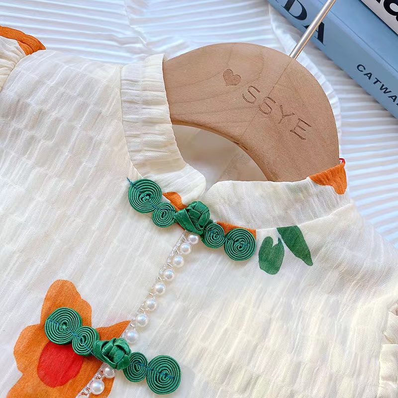 Đầm Sườn Xám Ngắn Tay In Hoa Cho Bé Gái