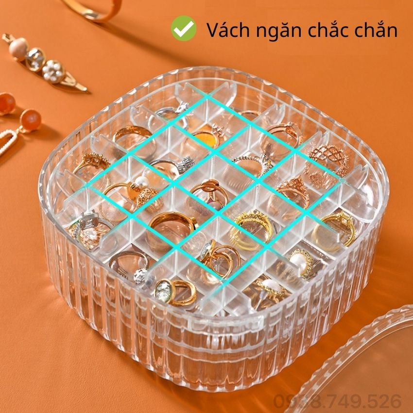 Hộp Đựng Trang Sức Trong Suốt, Nhiều Ngăn, 3 Tầng, Hộp Đựng Khuyên Tai,  Kt 15x15x7.5cm